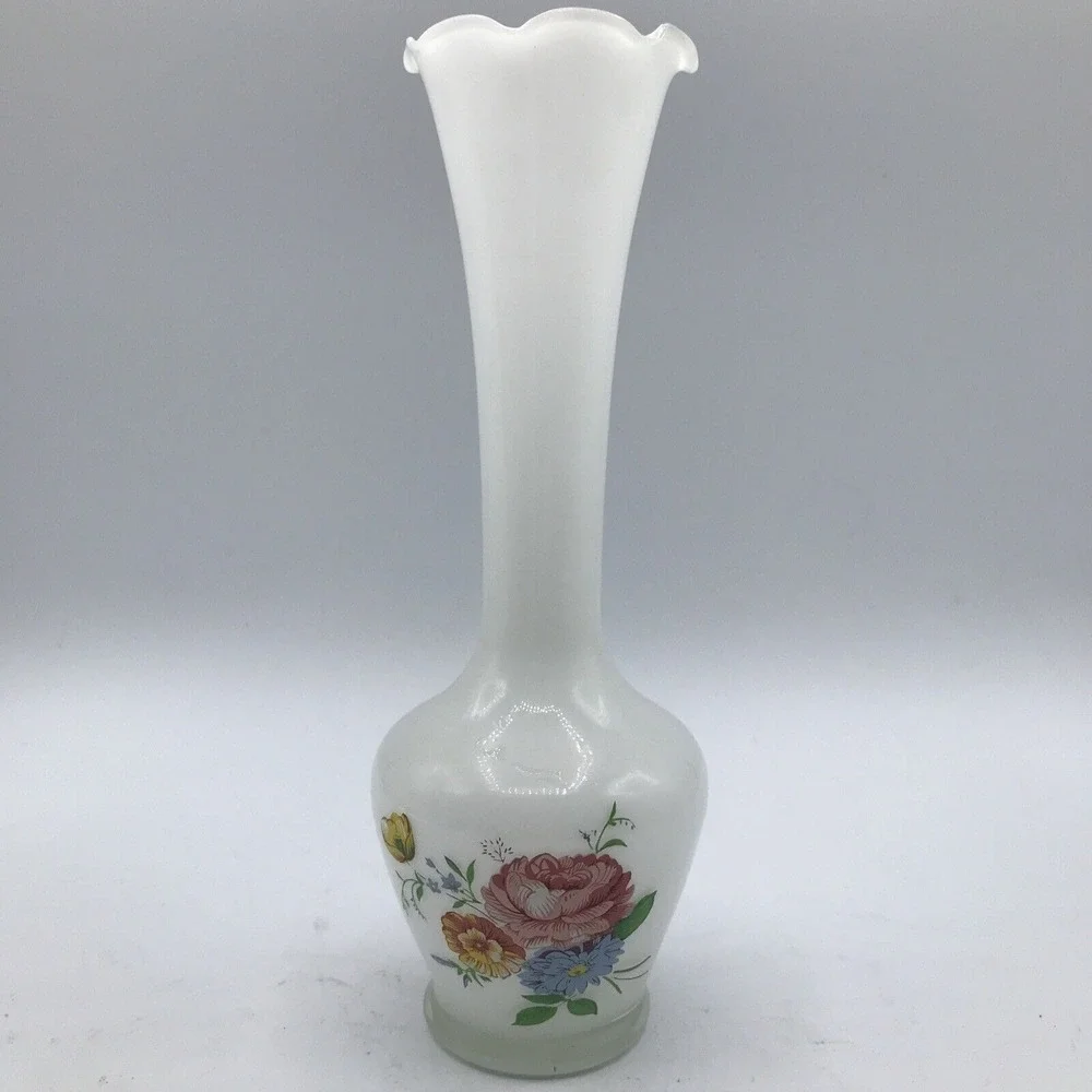 Glass Bud Vase with Ruffled Edge and Floral Transfer Floral Deco